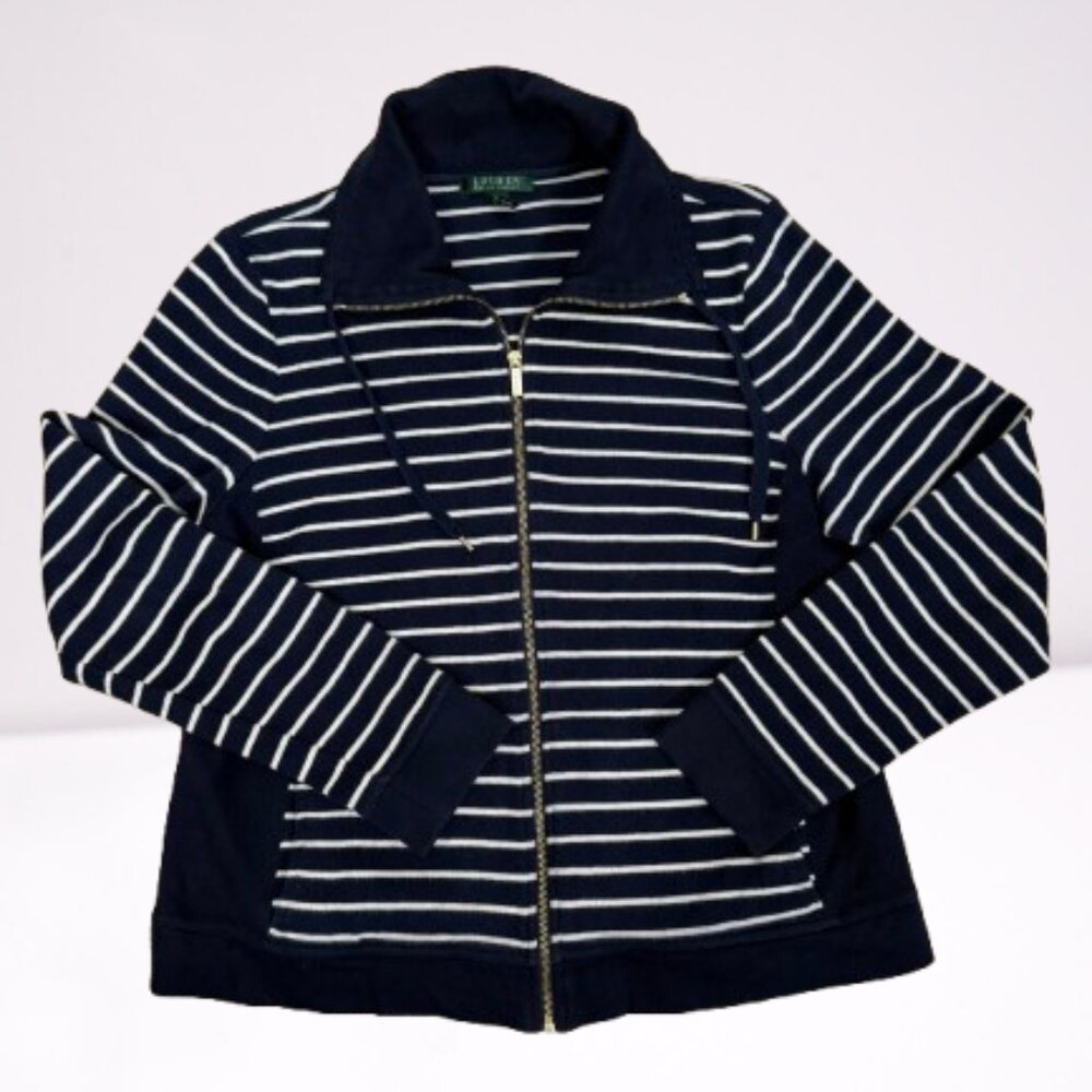 Lauren Ralph Lauren Womens Cotton Striped Full-Zip Sweater Jacket XL Navy/White